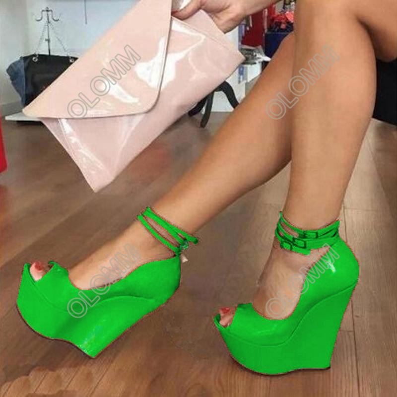 Rontic 2021 Handmade Women Platform Shiny Pumps Wedges High Heels Peep Toe Gorgeous 7 Colors Dress Shoes Women Plus US Size 5-20