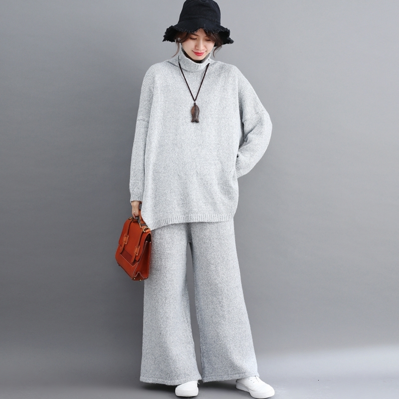 Plus size large Tracksuit knitted fot Women Outfits 2 Piece Set Winter Knitting Sweater Suit Top Loose Pants suit Female Clothes T200706