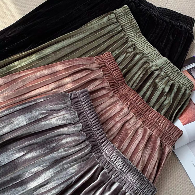 Women Long Metallic Silver Maxi Pleated Skirt Autumn Winter Midi Skirt High Waist Elascity Casual Party Skirt Vintage 210311