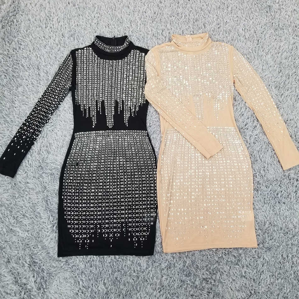 Ladies Summer Sexy Long Sleeve Mesh Beaded Glittering Black Khaki Bodycon Dress Elegant Party Vestidos 210525
