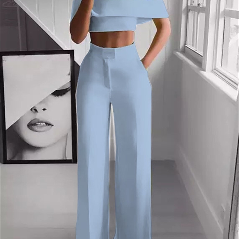 Summer White Black 2 Piece Set Women Clothing Wide Leg Pants Suits Sexy Cropped Top + Long Trousers Fashion Woman Tracksuits T200825