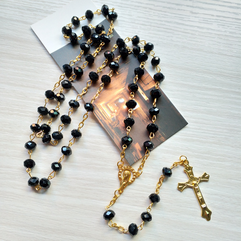 Black Crystal Rosary Necklace Long Gold Jesus Cross Pendant Catholic Religious Prayer Jewelry