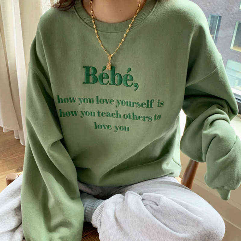 Korejpaa Chic Letter Embroidery Sweatshirt Women Autumn Simple Korea Fashion Ladies O-neck Long Sleeve Loose Casual Tops 211108