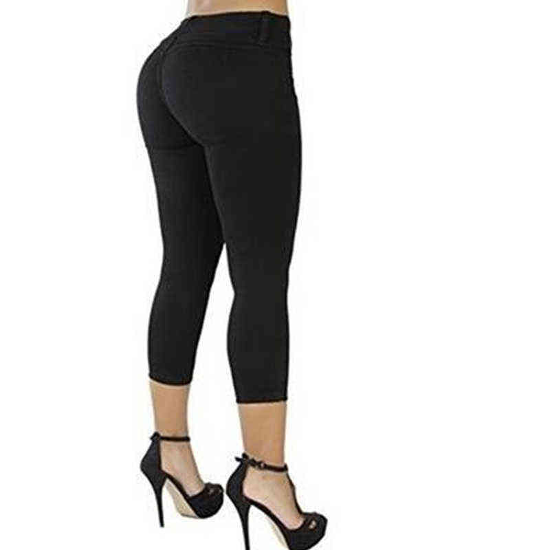 Women Sexy Casual Cropped Pants Solid Color Button Fly Waist Slim Trousers Breathable Elastic Pencil Pants 211111