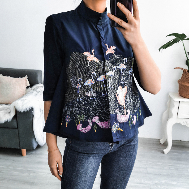 Crane Embroidery Shirt Tops Women Summer Autumn Fashion 3/4 Sleeve Casual Blouses Ladies White Doll Shirts 210225