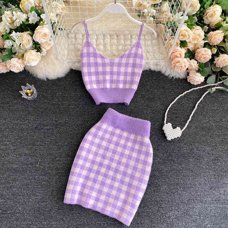 Korean Sweet Knit Plaid Cardigans + Camisole Skirts 3pcs Sets Girls Short Sweater Coat Vest Mini Skirt Suit Outfits 211106