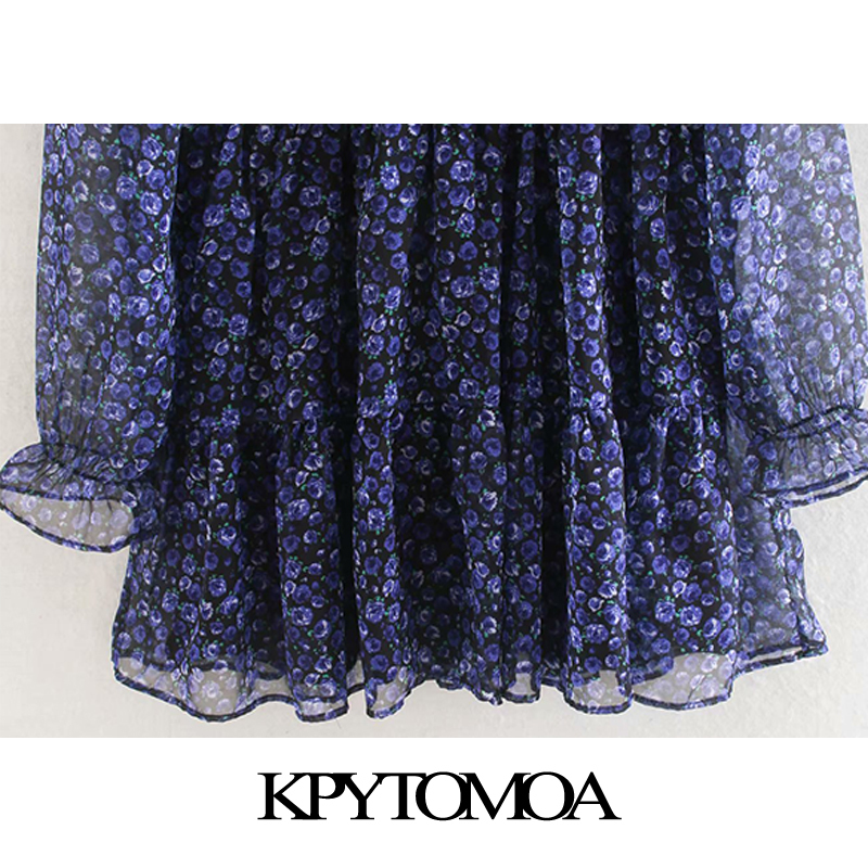 Vintage Elegant Floral Print Pleated Mini Dress Women Fashion Lapel Collar See Through Sleeve Female Dresses Vestidos Mujer 210303