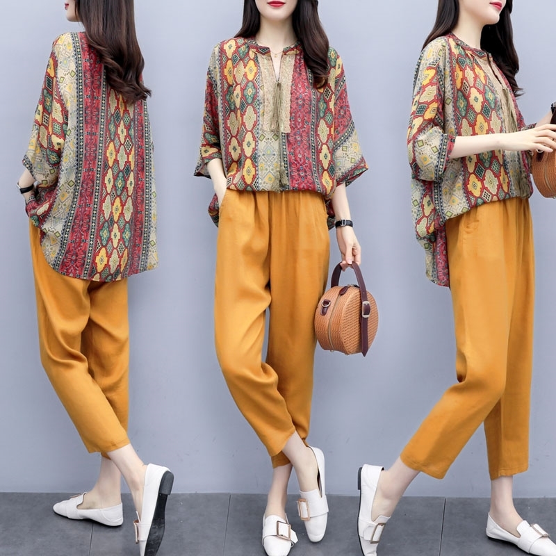 Summer Vintage Casual Two Piece Sets Women Printed Tops + Ankle-length Pants Outfits Fashion Female Plus Size 2 Pcs Suits