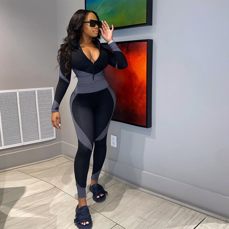 HAOYUAN Sexy Plus Size Bodycon Jumpsuit Long Sleeve Print Women Fall Fashion Clothing Oversized Tracksuit One Piece Club Outfits 201007