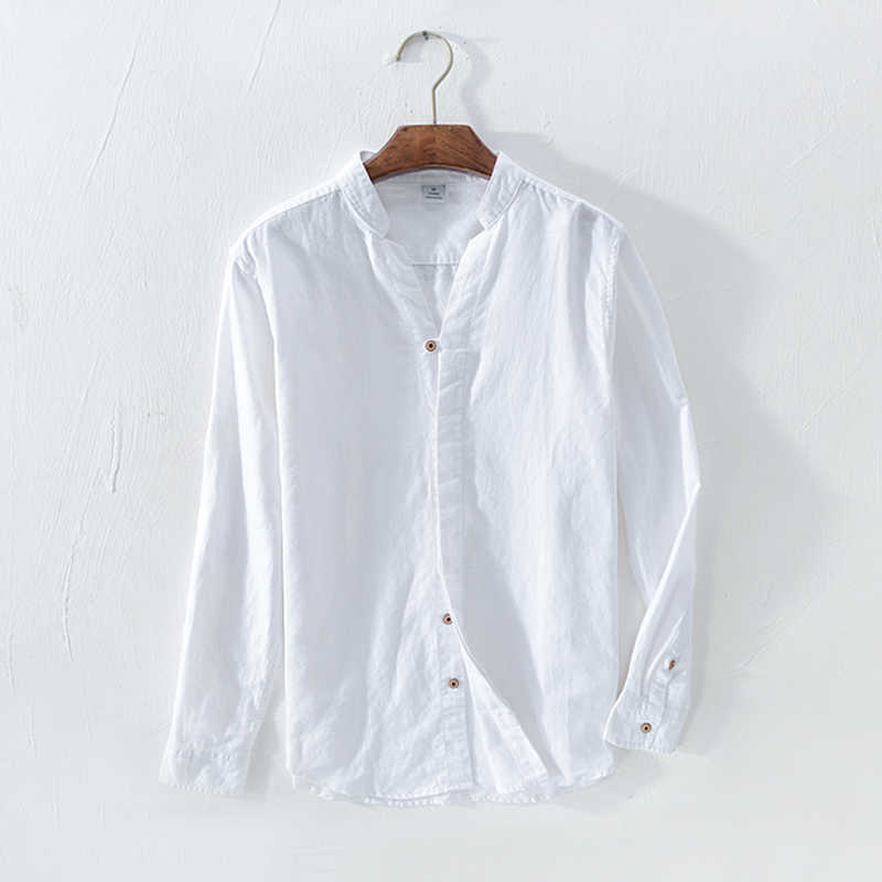 Cotton Linen Casual Shirts For Men Basic Classic White Shirt Autumn Male Long Sleeve Stand Collar Breathable Men's Clothing 210721