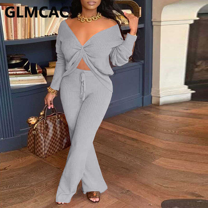 Women Two Piece Chic Spring Fall Suits Solid Casual Twist Top Loose Pants Set 210702