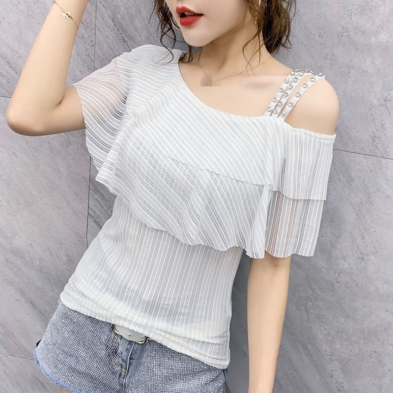 Summer European Clothes T-shirt Sexy Shiny Skew Collar Rivet Women Tops Ropa Mujer Fashion Short Sleeve Stretchy Tees New T06218 210302