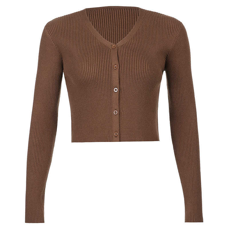 Rockmore Sweater Knitwear Women Autumn Long Sleeve V Neck Knitted Cardigans Harajuku Korean Brown Crop Tops Solid Outwear 211007