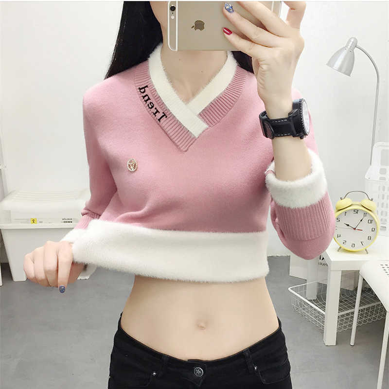Plus thick V-Neck slim sweater women letter fashion lettter print knitted pullover winter warm patchwork skinny tops female 210918
