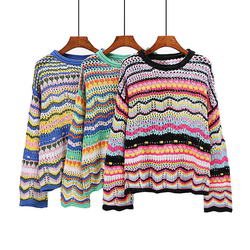 Aproms Multi Color Blocked Knitted Pullover Women Summer Casual Flare Sleeve Hollow Out Sweater Cool Girls Fashion Jumper 211007