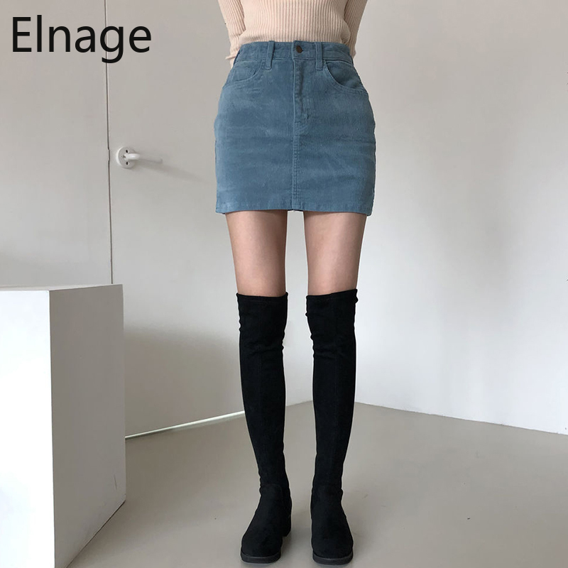 Korea Style Chic Retro Faldas High Waist Slim Jupe Femme Wrap Hip Skirts Blue Split Corduroy Black A-line Skirt Women Mini 5B160 210309