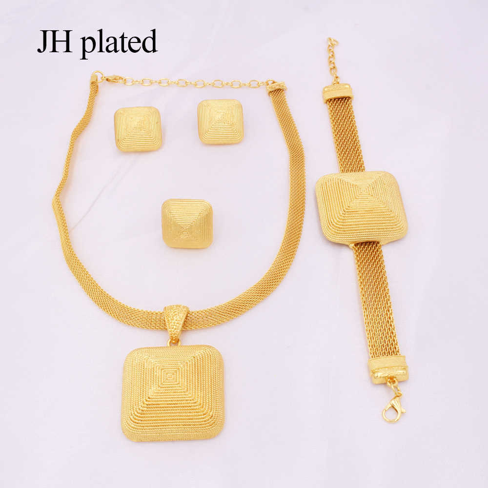 Dubai gold 24K Jewelry sets for women African bridal Wedding gifts party Necklace square earrings ring bracelet jewellery set Y200810