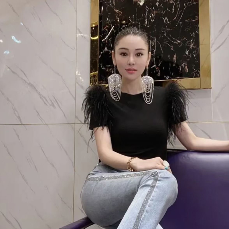 New design womens cute sweet luxury feather tassel patchwork short sleeve knitted o-neck bodycon slim waist tees SML