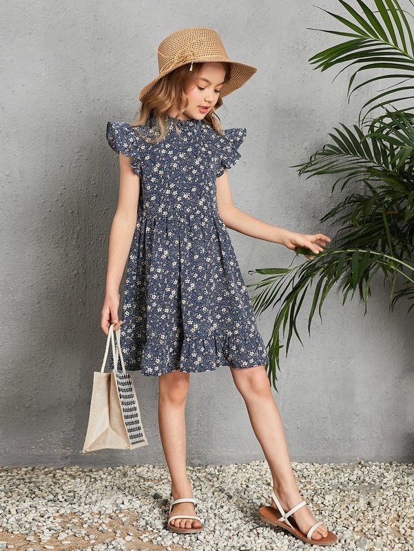 Girls Ditsy Floral Butterfly Sleeve Ruffle Hem Dress SHE