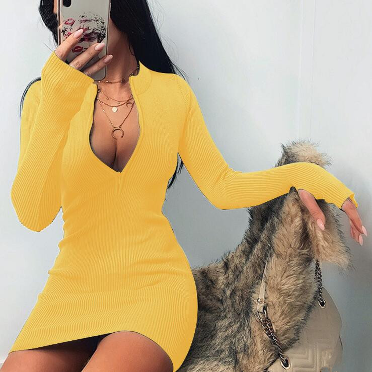 women winter fall bodycon ribbed dress new stand collar zipper deep vneck solid stretch bodycon pencil party mini vestido