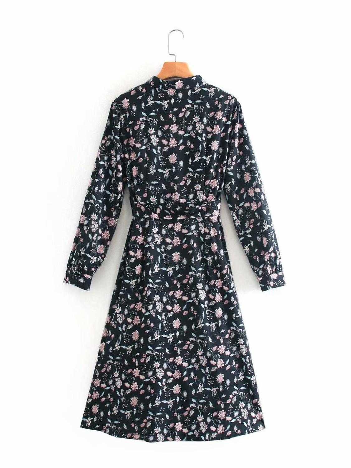Zevity Women Elegant Stand Collar Floral Print Bow Sashes Shirt Dress Femme Long Sleeve Breasted Casual Vestido Cloth DS4699 210603
