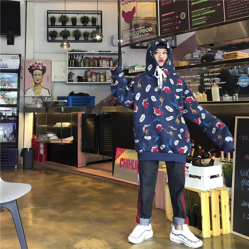New Winter Korean Preppy Style Dinosaur Cartoon Print Cute Large Vintage ins Cartoon Loose Pullovers Ulzzang Hooded sweatershirt T200904