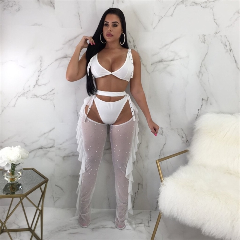 Echoine Crop Tops and Ruffle Pants 2 Pieces Set Women Sexy Club Bodycon Suit Backless See Through Sheer Mesh Outfit Matching Set