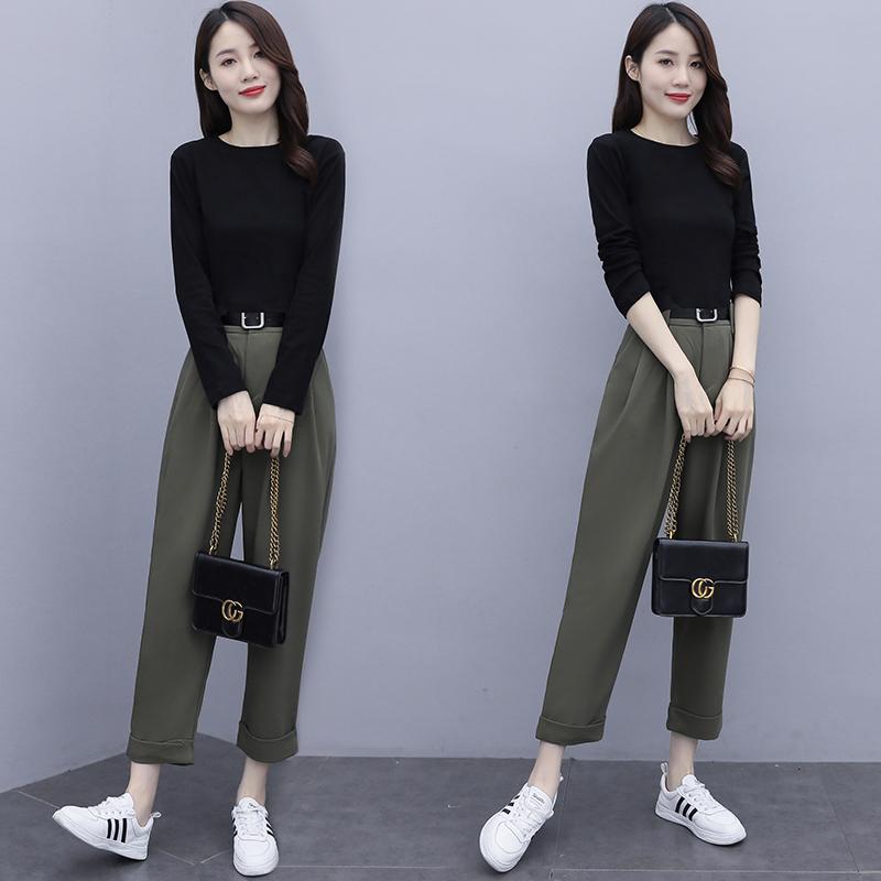 Women's Two Piece Pants Spring Leisure Korean Fashion Clothing Set Black Pullover Top Sweatshirt 2 Pcs Outfit