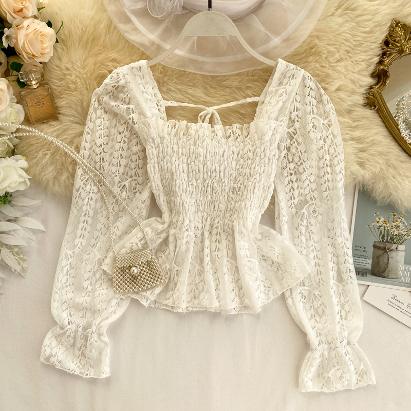 Chic Ruffled Elastic Waist Slimming Square Collar Long Sleeve Hollow Lace Blouse Woman Solid Color Elegant Shirts Tops K248 210225