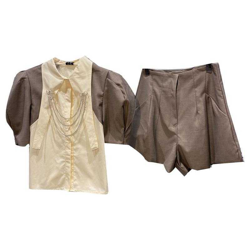 DEAT Women Shorts Arrivals Lapel Puff Sleeve Two Piece Set Personality Temperament Fashion Spring Summer 11D524 210709