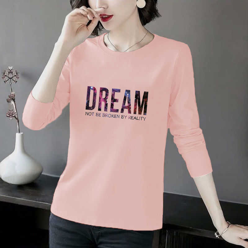 Cotton T-shirt Women Casual O Neck Long Sleeve T Shirt Female Flower Letter Print Tops Fashion Plus Size Spring Summer Tee 210526