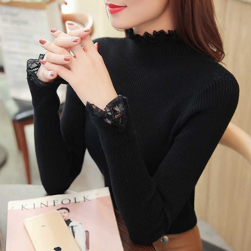 Slim Short Paragraph Bottoming Sweater Spring Half-high Collar Women Solid Color Lace Thickening Inside 7569 50 211011Z