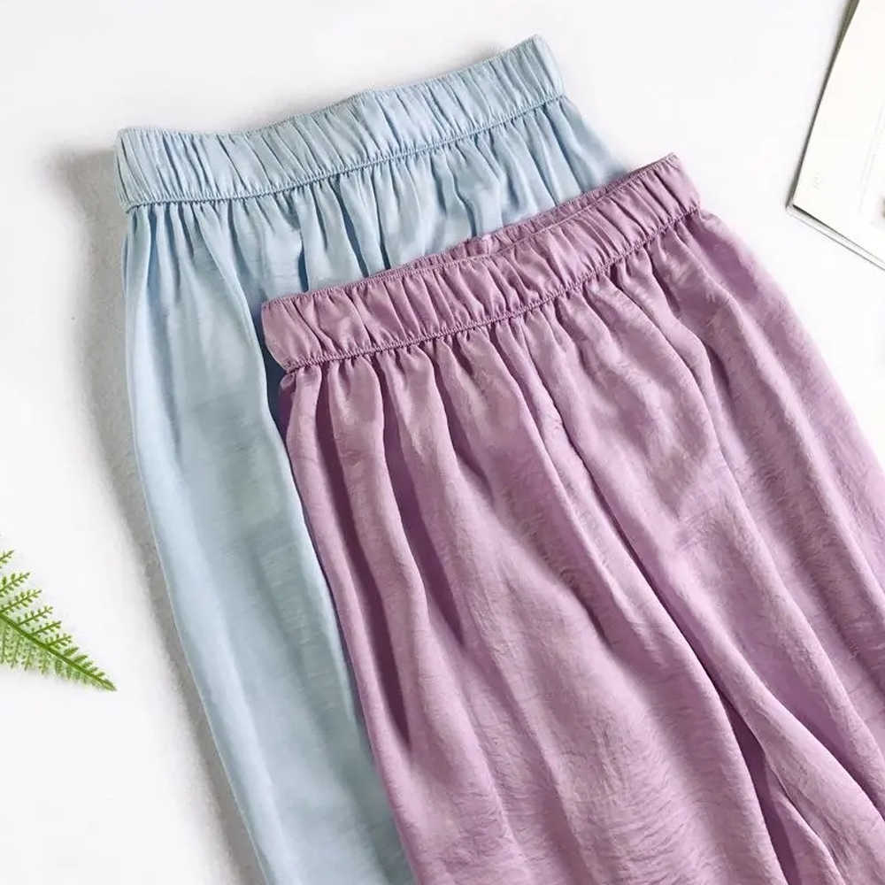 Wide leg pants Silk Women Summer Trousers Leg Loose Pants Ankle Length Casual trouser Elastic Waist RZBY110 211006