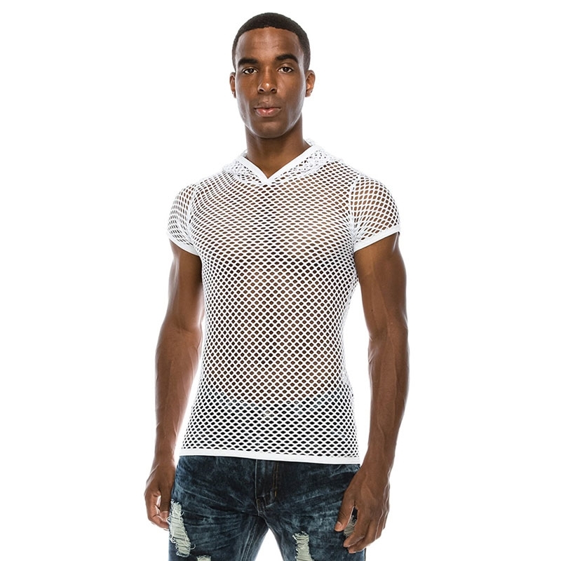 Men's Sexy Mesh See Through Hooded Shirt Fashion Short Sleeve Fishnet Hoodies Shirts Men Hipster Nightclub Wear -shirt 210629
