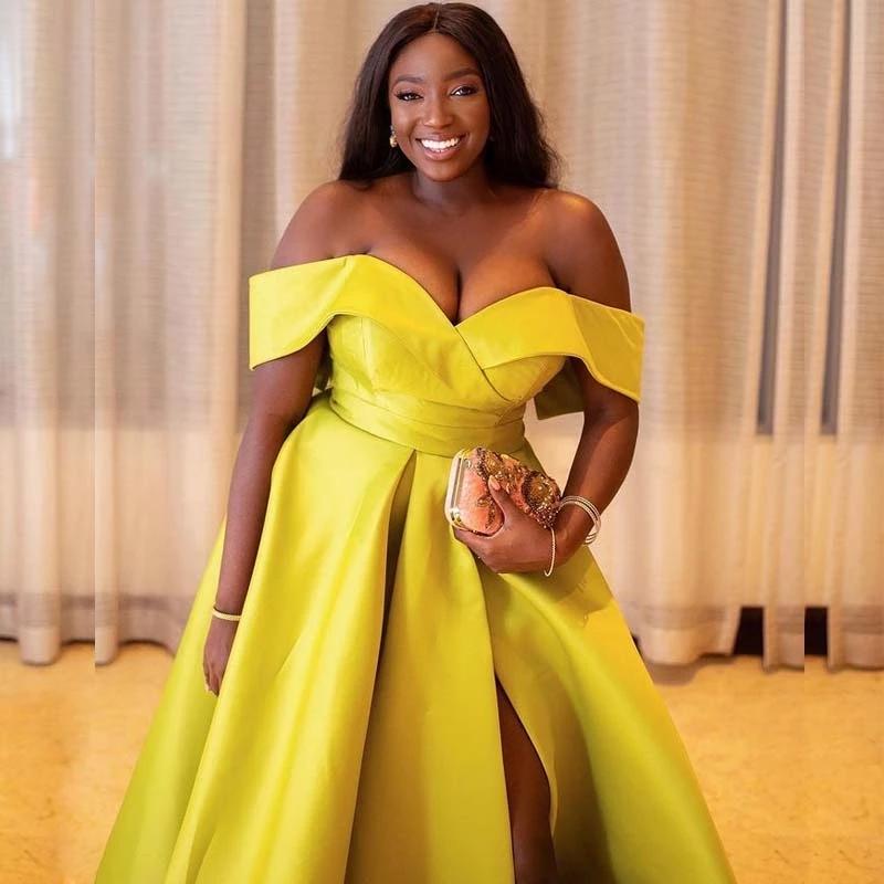 Sexy Dubai Arabic Yellow Satin Plus Size A Line Prom Party Dresses Draped Front High Split Off Shoulder Floor Length Formal Gowns Custom Made