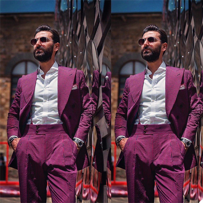 Purple Two Pieces Men Suits Custom Made Spring Suits Fashion Bubble Stripes Tuxedos Peaked Lapel Blazer Business Coat+Pant