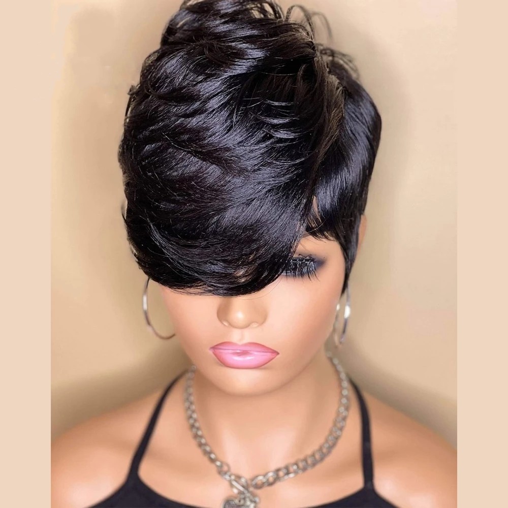 Short Cut Pixie Wavy Indian Bob Human Hair Wigs No lace Wig With Bangs For Black Women Full Machine Made