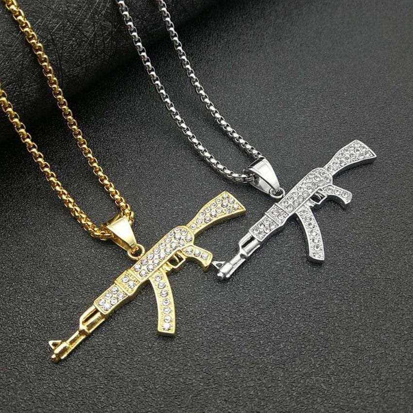 Hip Hop Jewelry Titanium Steel Gold Plated Diamond Ak47 Pendant Necklace 6CC3