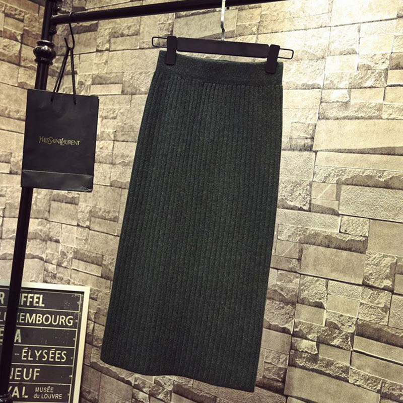 Winter Skirts Women Warm Knitted Pencil Falda Tubo Faldas Coreanas Negra Green Brown Vintage Falda Midi Skirt Jupe Crayon 210311