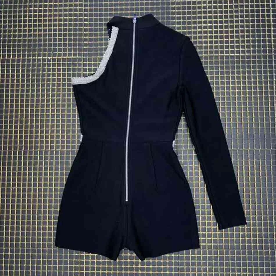 Free Summer Fashion Sexy One Shoulder Long Sleeve Beaded Celebrity Party Bandage Jumpsuit 210525