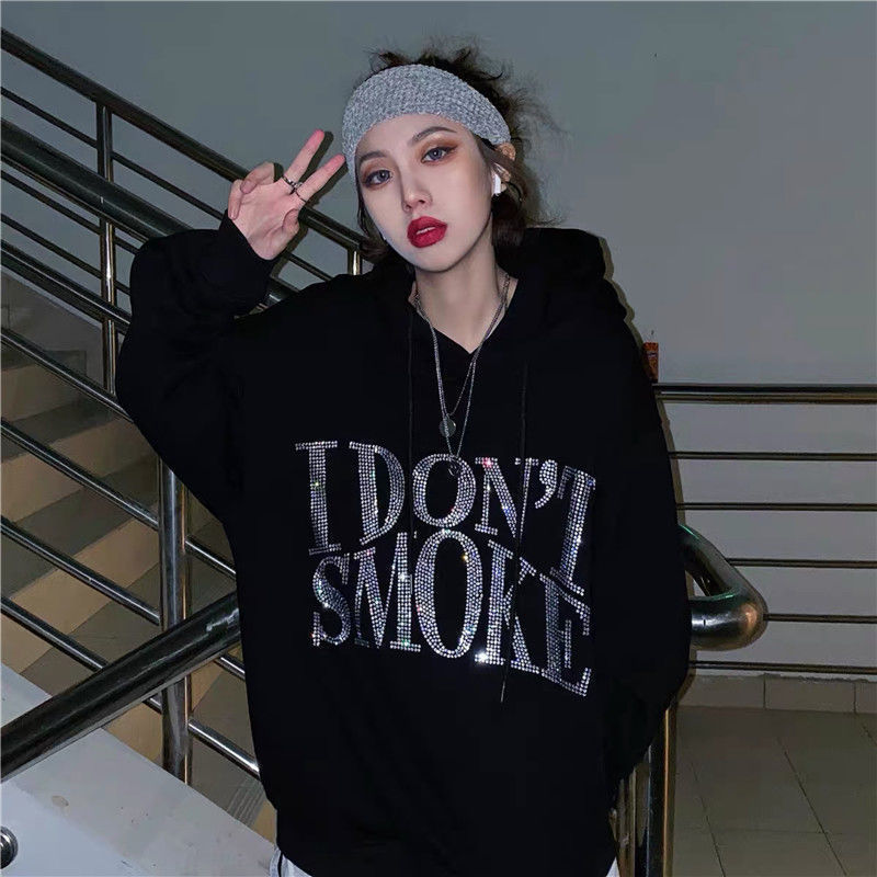 M-3XL Fashion I Don't Smoke Printing Hoodie Women Pullover Black Tops OverSized Long Sleeve Sweatshirt Outdoor Casual Tracksuit 201202
