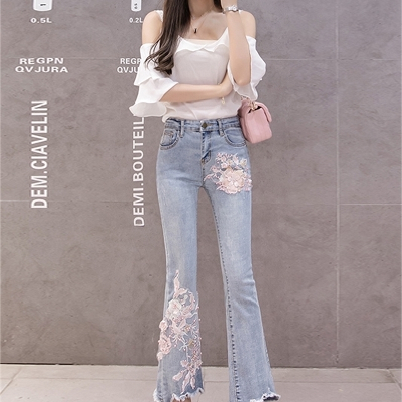 Stretchy Plus Size Women Flare Jeans Pants Pearls Tassels Flower Embroidery Denim Skinny Jeans Woman High Waist Pants Mom Jeans 210302