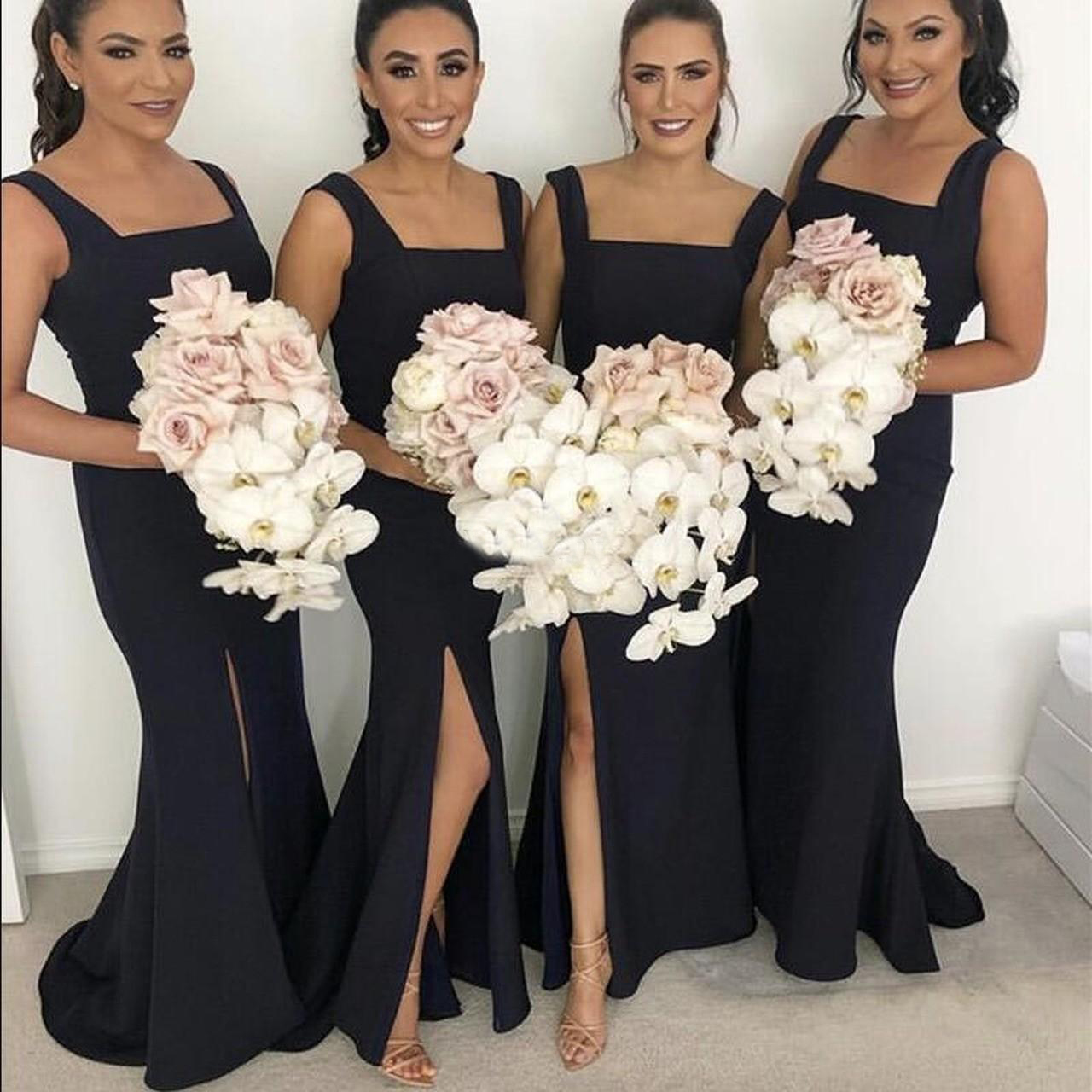 2021 Black mermaid Bridesmaid Dresses Square Side Split Sweep Train Wedding Guest Party Gowns Maid of Honor Dress Simple Custom Cheap
2021 Black mermaid Bridesmaid Dresses Square Side Split Sweep Train Wedding Guest Party Gowns Maid of Honor Dress Simple Custom Cheap