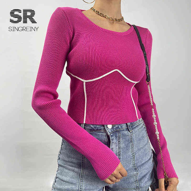 SINGREINY Women Knitted Sweater Long Sleeves O Neck Solid Elastic Slim Knit Basic Tops Autumn Casual Female Pullovers 211109