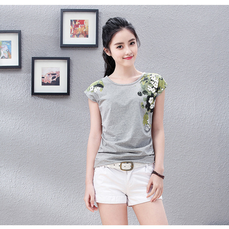 New Ladies' Tees Summer Printing White Cotton Short Sleeve T-shirt Loose Women's Batwing Sleeve T-shirt Plus Size Tshirts 210306