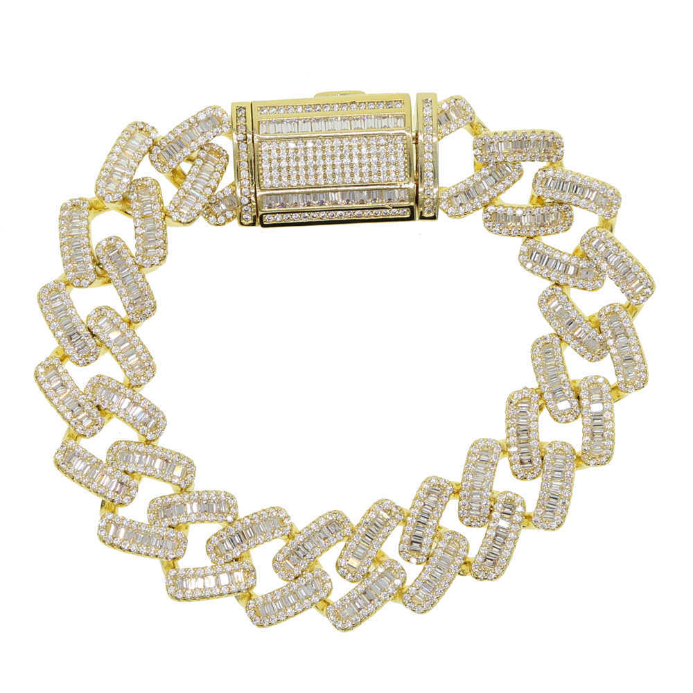 15mm width 5A iced out bling baguette cz cuban link chain bracelet for men Gold color hiphop jewelry 210609