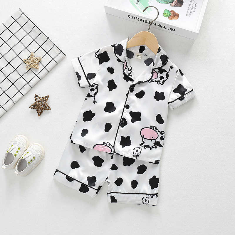 Girls Satin Silk Pajamas Set Kids Boy Cartoon Sleepwear Outfits Summer Toddler Short Sleeve+shorts Leisure Wear Home Clothes 210915