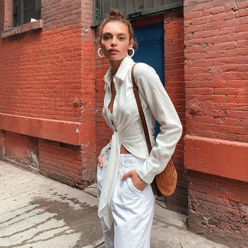 TITAME Classic White Shirt Women Long Sleeve Blouse Lace Up Knot Office Ladies Blouse Spring Autumn Sex Female Tunic Top 21302