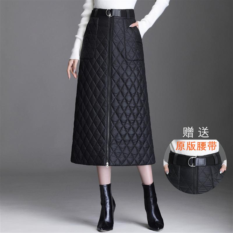 Skirts Autumn And Winter Women's Thick Warm Down Cotton Short Skirt Mid-length Zipper One-piece High Belt Pocket A-line