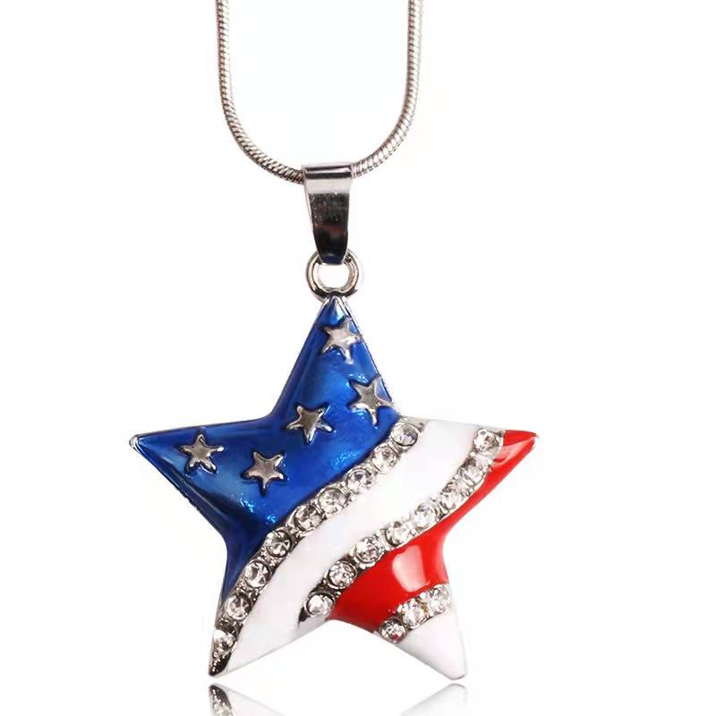 Fashion 4th of July Patriotic USA American Flag Heart Pendant Necklace 5-Pointed Star US Flag Necklaces with Austrian Crystal for Men Women Wholesale 